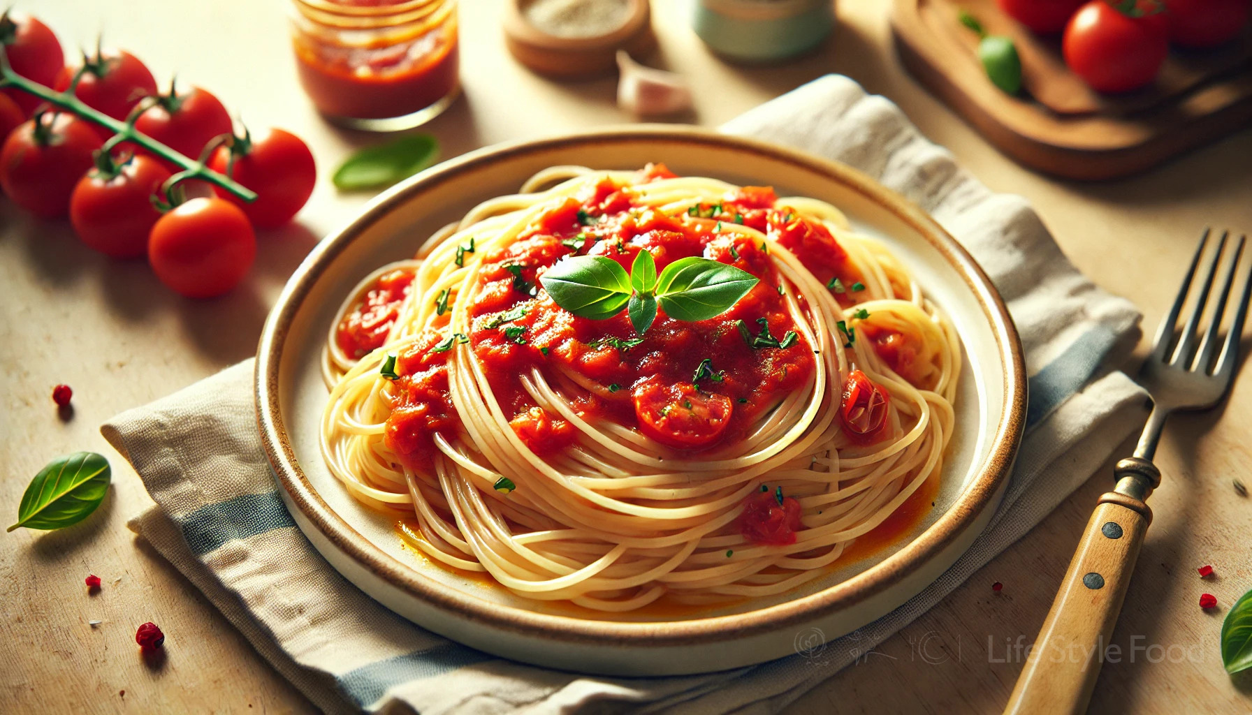 Plate of spaghetti with a-quick 10 minute tomato-sauce