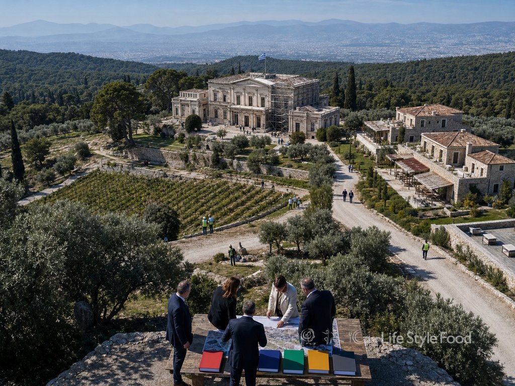 παραχώρηση τατοΐου: αεροφωτογραφία κτήματος με κτίρια και αμπελώνες