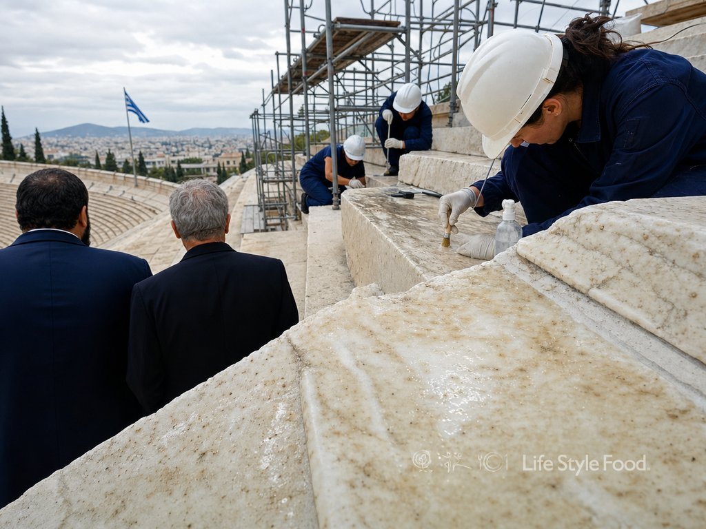 Καθαρισμός καλλιμάρμαρου στο Παναθηναϊκό Στάδιο, λεπτομέρεια