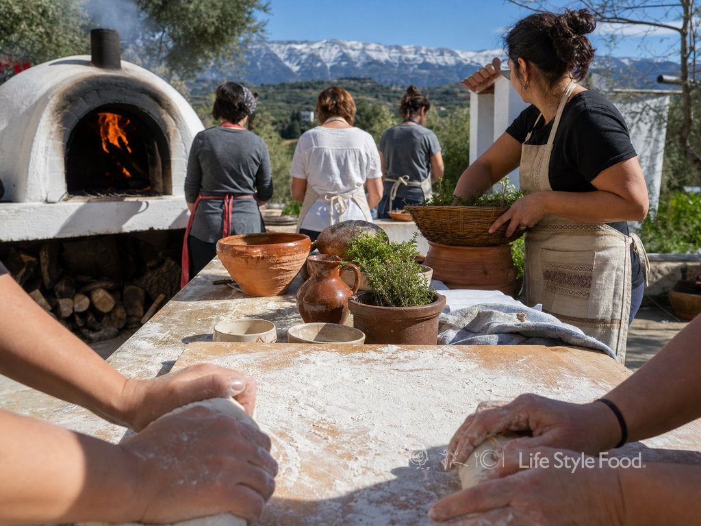 τουρίστες ζουν σαν κρητικοί γύρω από παραδοσιακό τραπέζι